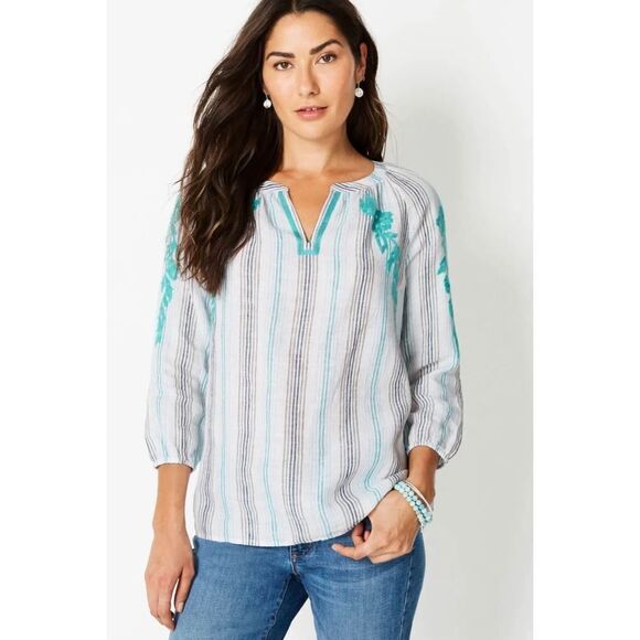 ✨J. Jill Linen Embroidered Striped Blouse✨ - Picture 1 of 8